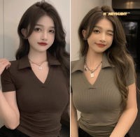  เสื้อยืดแฟชั่นคอวีแขนสั้น รัดรูปใส่แล้...